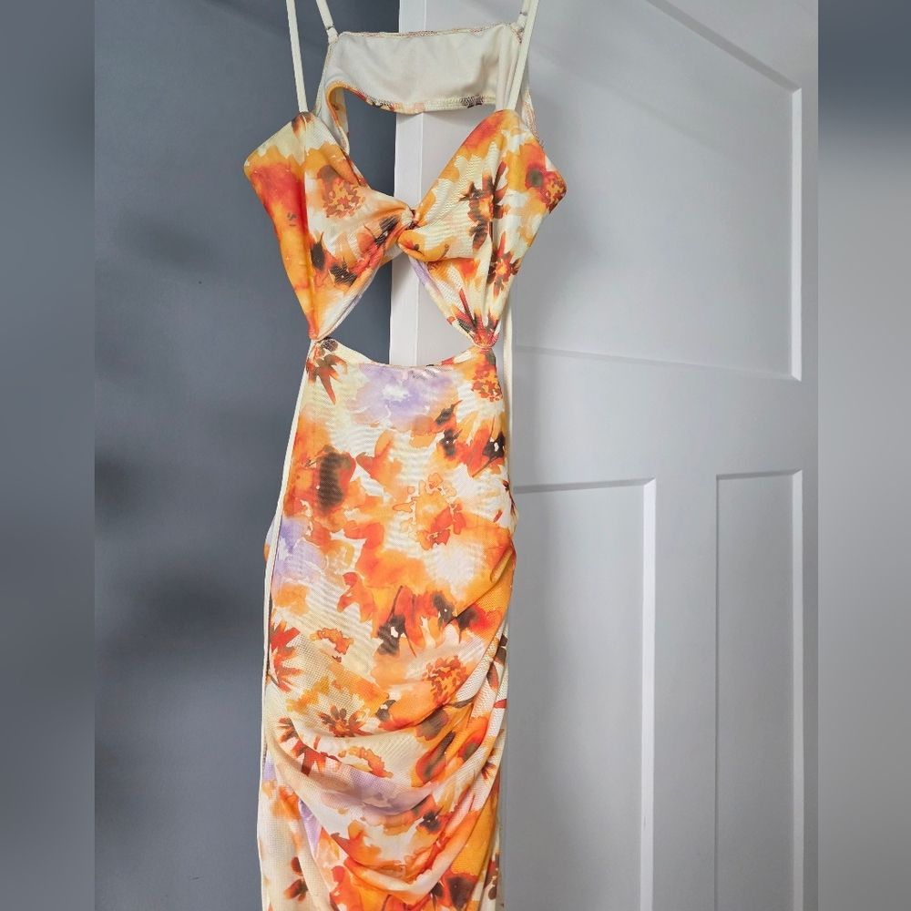 Floral Twist Front Tie Back Ruched Women's Dress